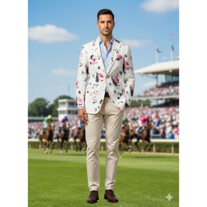 TALLIA Slim Fit Linen Floral Pink White Sport Coat derby Wedding Resort Sz 44L